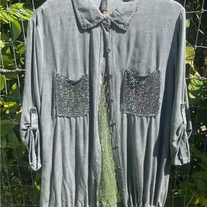 Gray Button Down Shirt with Sequin Pockets